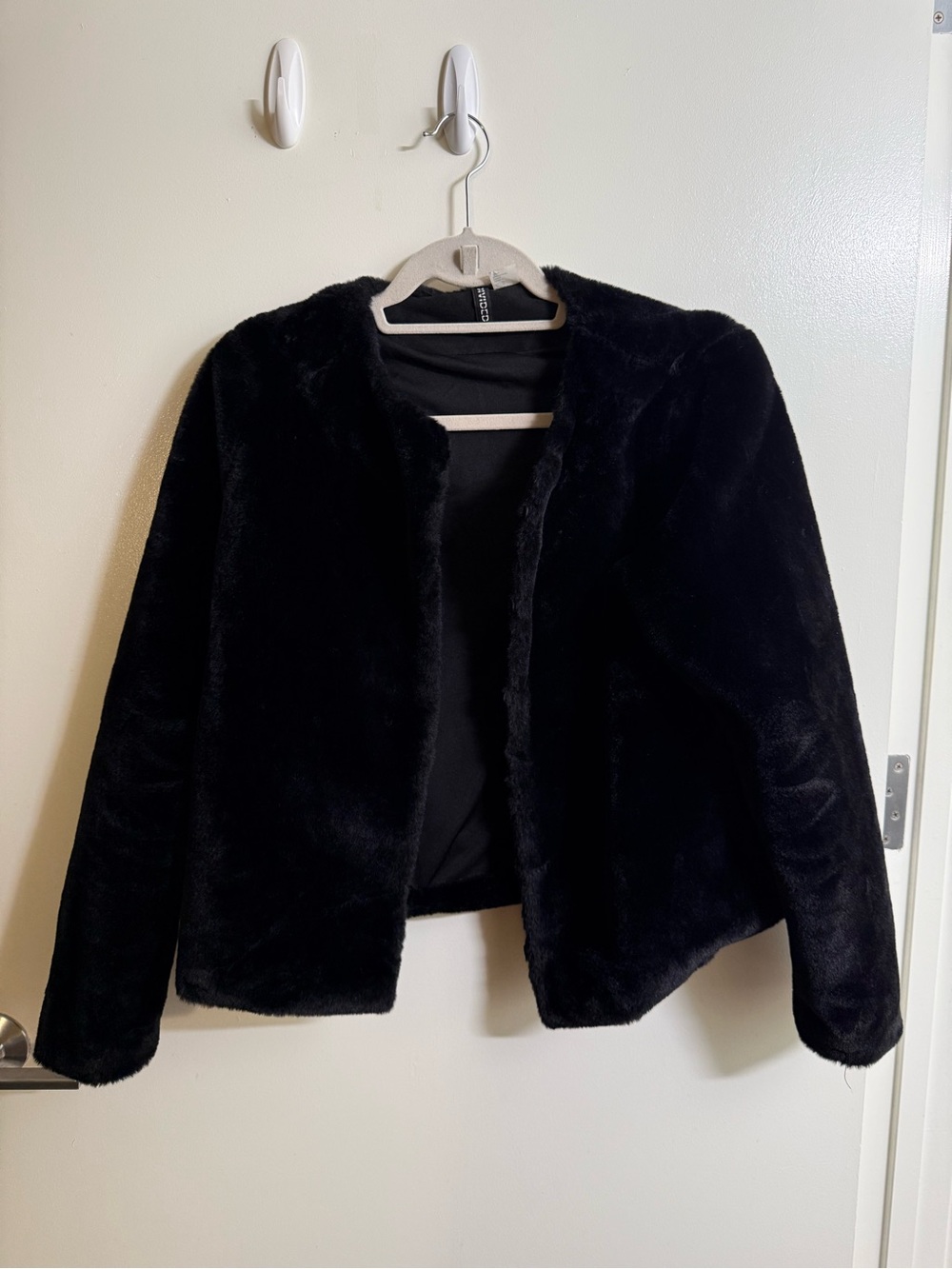 H&M Black Faux Fur Open-Front Teddy Jacket